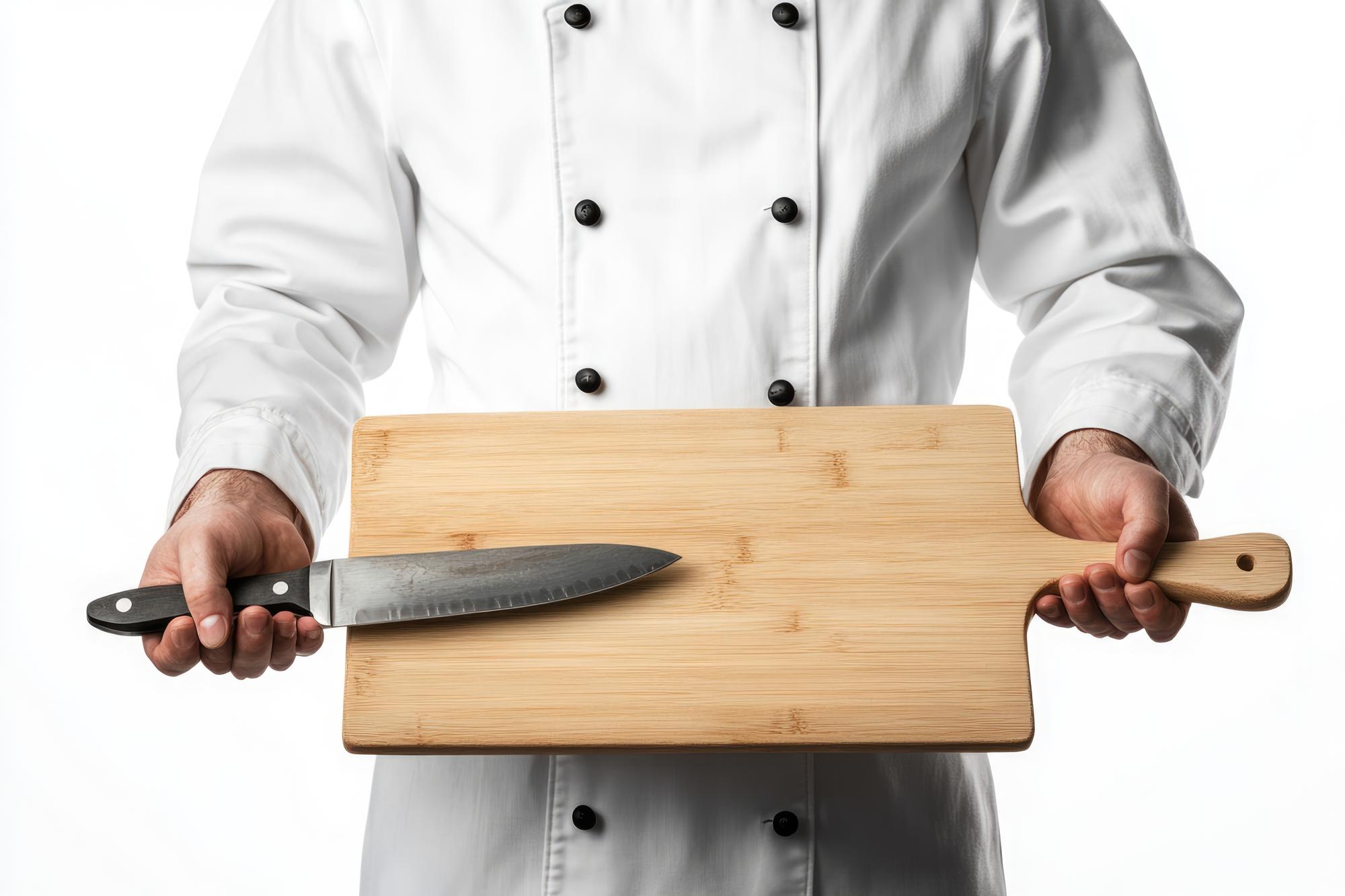 Primo piano su tagliere e coltello da chef
