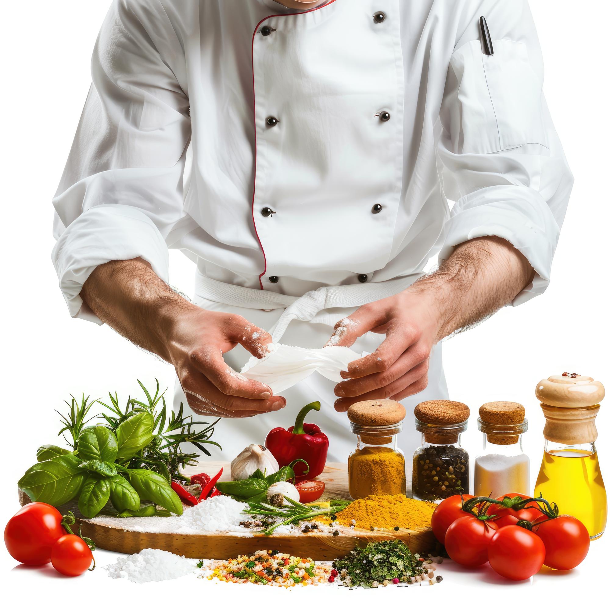 Chef al lavoro su piano di legno con ingredienti freschi
